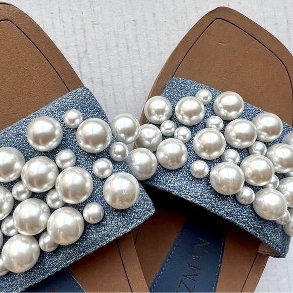 Stuart Weitzman Blue Denim Slide Flat Slip On Sandal Shoes w/ Pearls Women 5 B - Picture 8 of 14